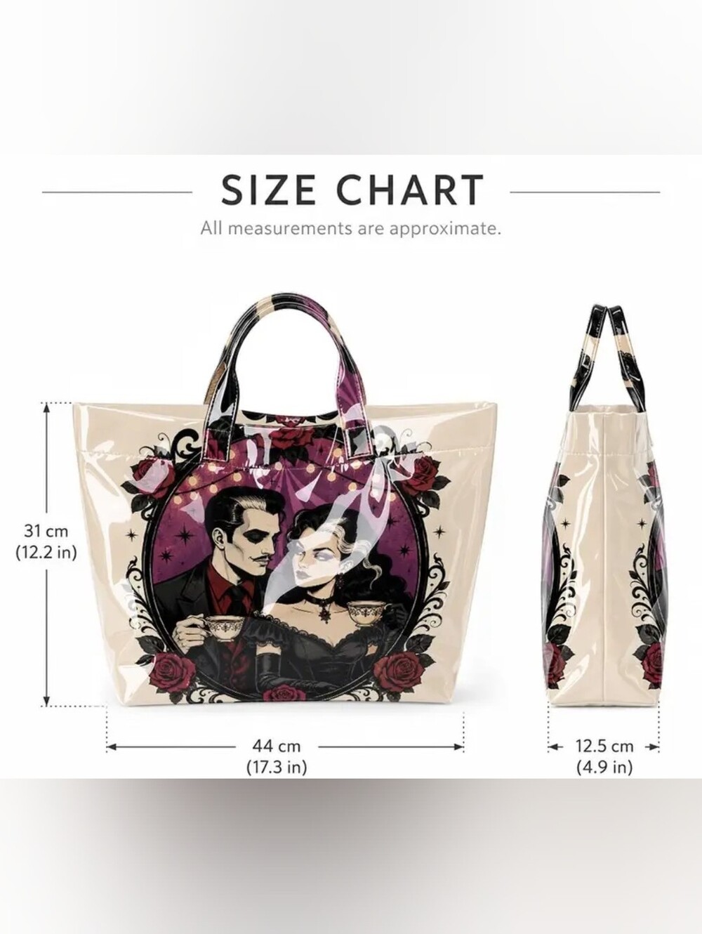 Gothic Romance Graphic Tote - Cream, Black & Purple - Picture 4 of 4